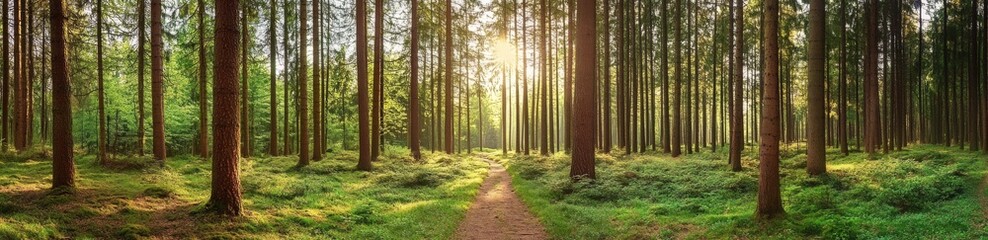 Fototapeta premium Title: Panoramic view of an old pine forest with sunlit branches and a narrow path leading to diverging trails, symbolizing choice and adventure.