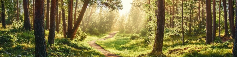 
Title:
Panoramic view of an old pine forest with sunlit branches and a narrow path leading to diverging trails, symbolizing choice and adventure.