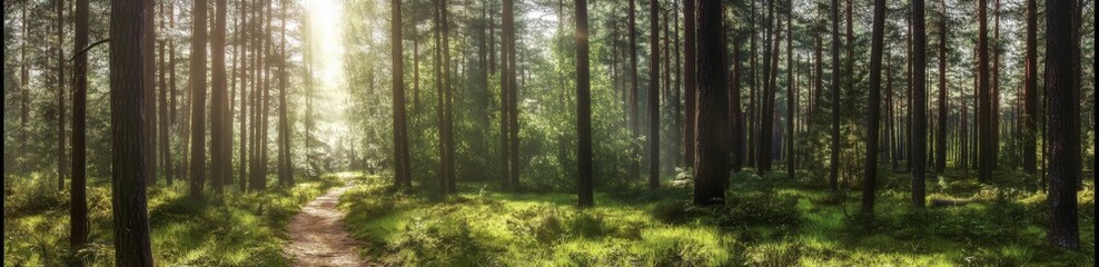 
Title:
Panoramic view of an old pine forest with sunlit branches and a narrow path leading to diverging trails, symbolizing choice and adventure.