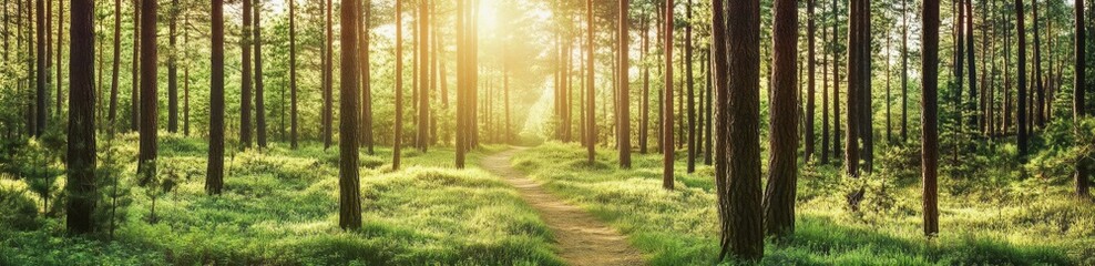 Obraz premium Title: Panoramic view of an old pine forest with sunlit branches and a narrow path leading to diverging trails, symbolizing choice and adventure.