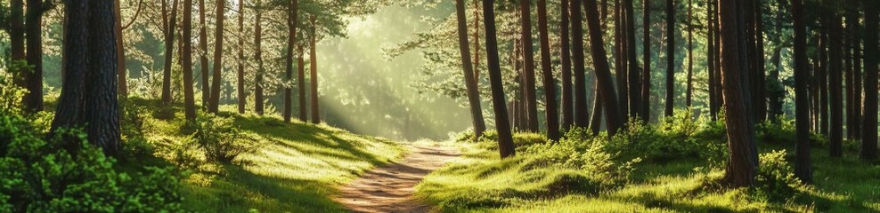 
Title:
Panoramic view of an old pine forest with sunlit branches and a narrow path leading to diverging trails, symbolizing choice and adventure.