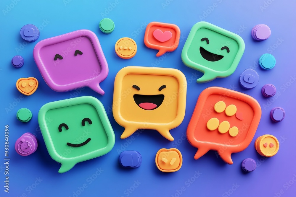 Poster 3d emoji faces in various expressions floating on a blue background symbolizing digital communicatio