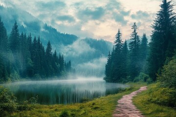 Path through dense forest to a serene lake in the Carpathian Mountains, with misty peaks and vibrant green grass.