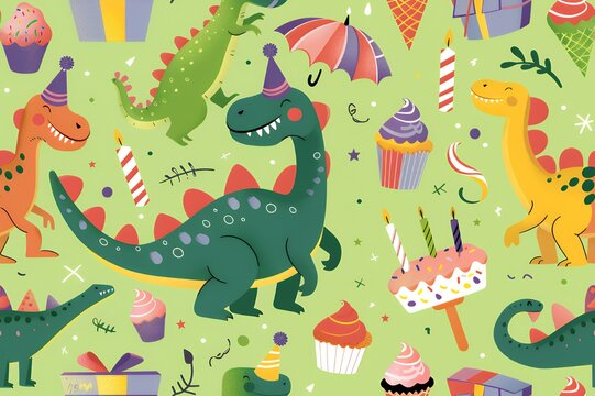 A playful illustration featuring dinosaurs celebrating with party hats, cakes, and gifts.