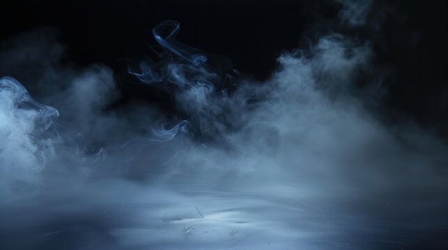 Dark foggy room with thick mist and eerie lighting