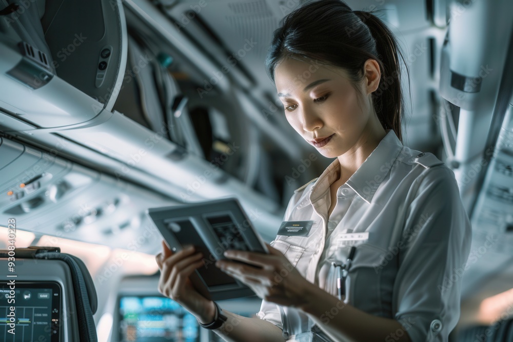 Poster the flight attendant reviews safety information on a tablet while engaging with passengers on a bust