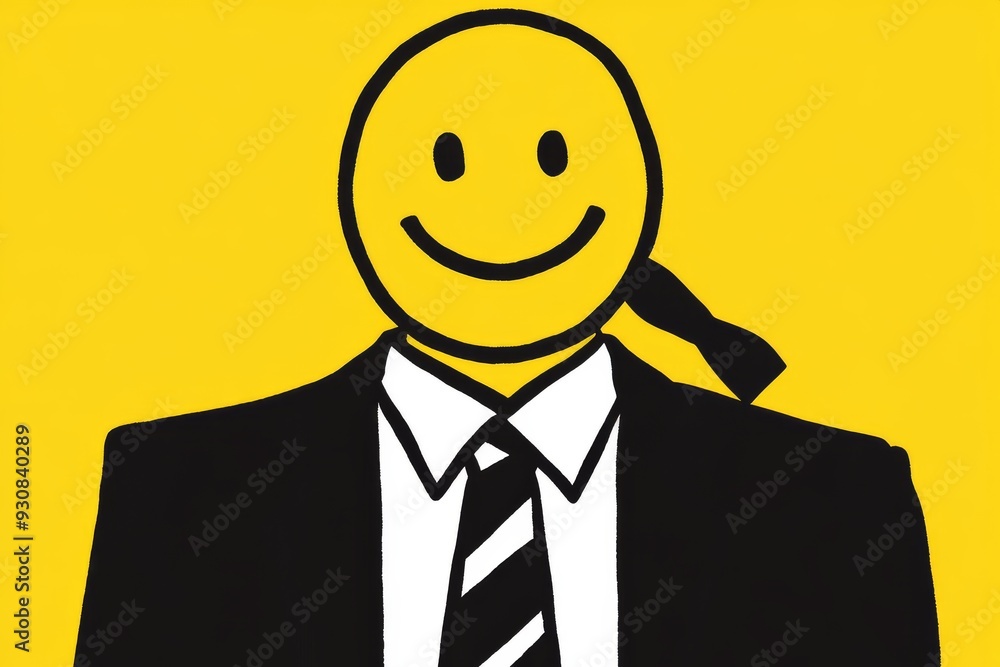 Poster minimalist smiley face in a suit and tie on a bright yellow background capturing the blend of profes
