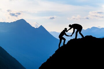 Silhouette of a person assisting a friend to reach the mountain peak, showcasing support and care in an adventurous outdoor setting with a dramatic sky in the background.