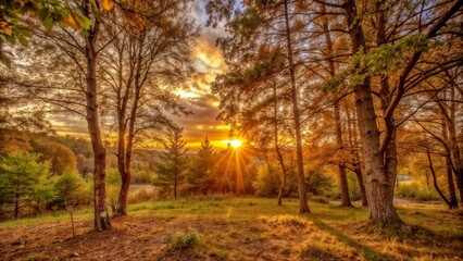 Golden Sunset Rays Piercing Through Autumn Forest Canopy
