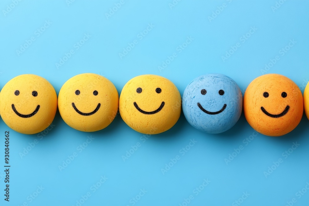 Poster colorful row of smiley face balls on a blue background representing diversity unity and the joy of s