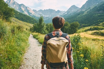 Young woman with short hair in oversized flannel shirt and backpack walking along a nature trail through lush greenery with mountains in the background, symbolizing adventure and freedom.