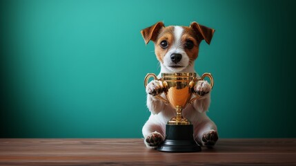 Proud jack russell puppy holds a golden trophy on a wooden table, radiating happiness and success. Perfect for messages of accomplishment and celebration