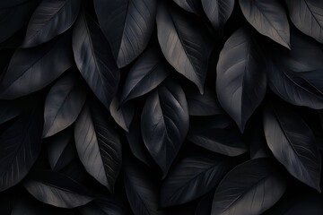Obraz premium Abstract pattern of dark leaves, low-key lighting, Matte black on black background texture, wallpaper 