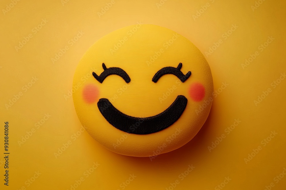 Poster yellow smiley face button with blush cheeks on a wooden surface representing sweetness positivity an