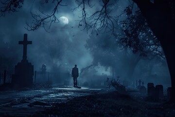 A solitary figure walks through a foggy cemetery under a full moon, creating a haunting atmosphere.