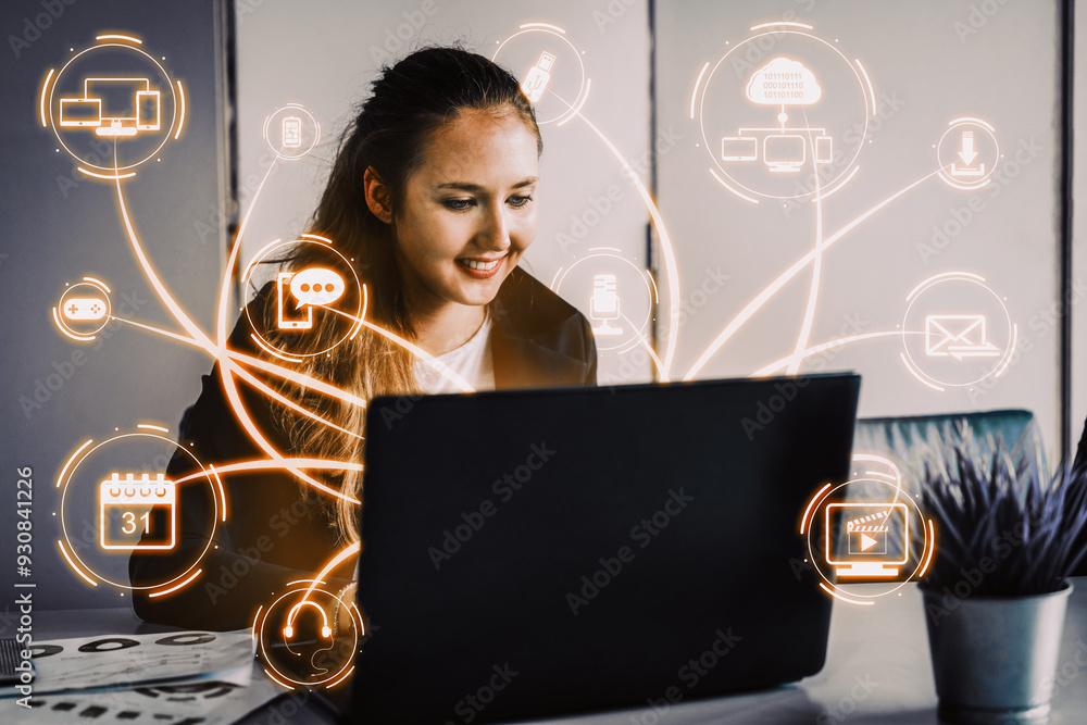 Poster multimedia and computer applications concept. business people using technology of digital gadget wit