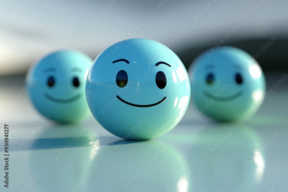 Poster Group of Blue Emoji Balls with Happy Faces Reflecting on a Glossy Surface Representing Friendship Unity and Joy in a Minimalist and Playful Design