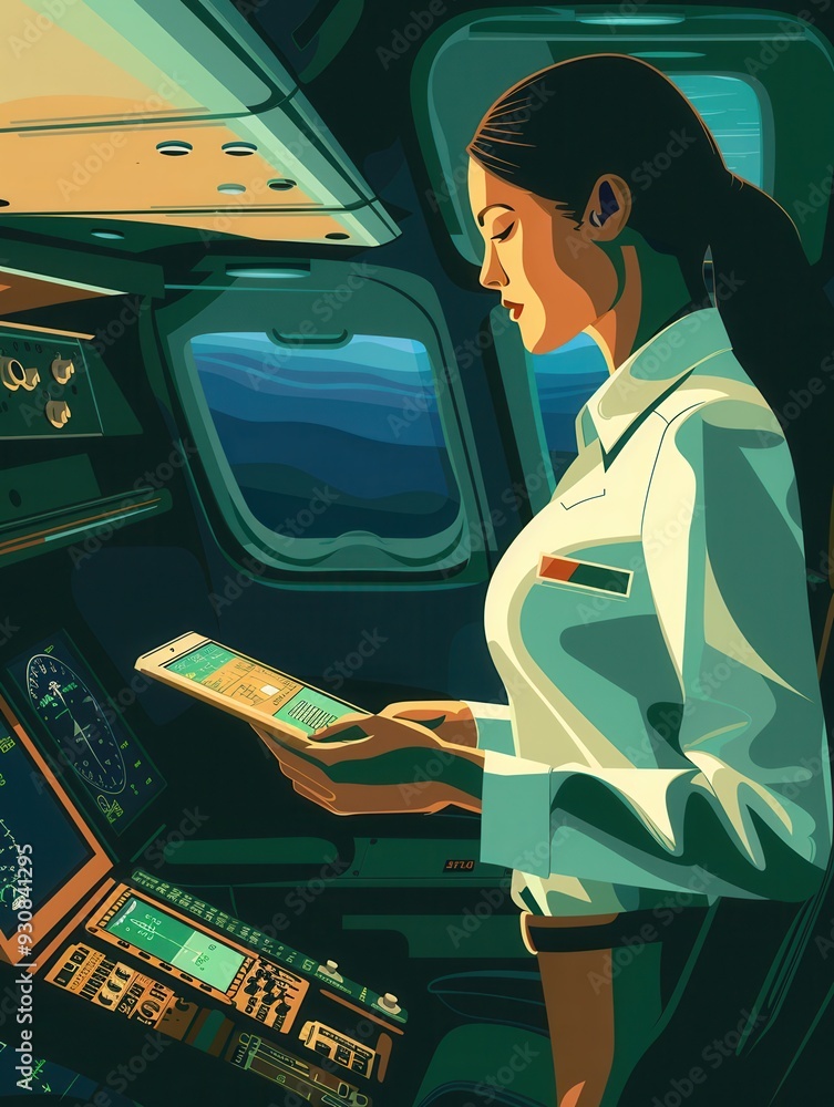 Poster a flight attendant meticulously checks cabin details while standing in the cockpit, ensuring everyth
