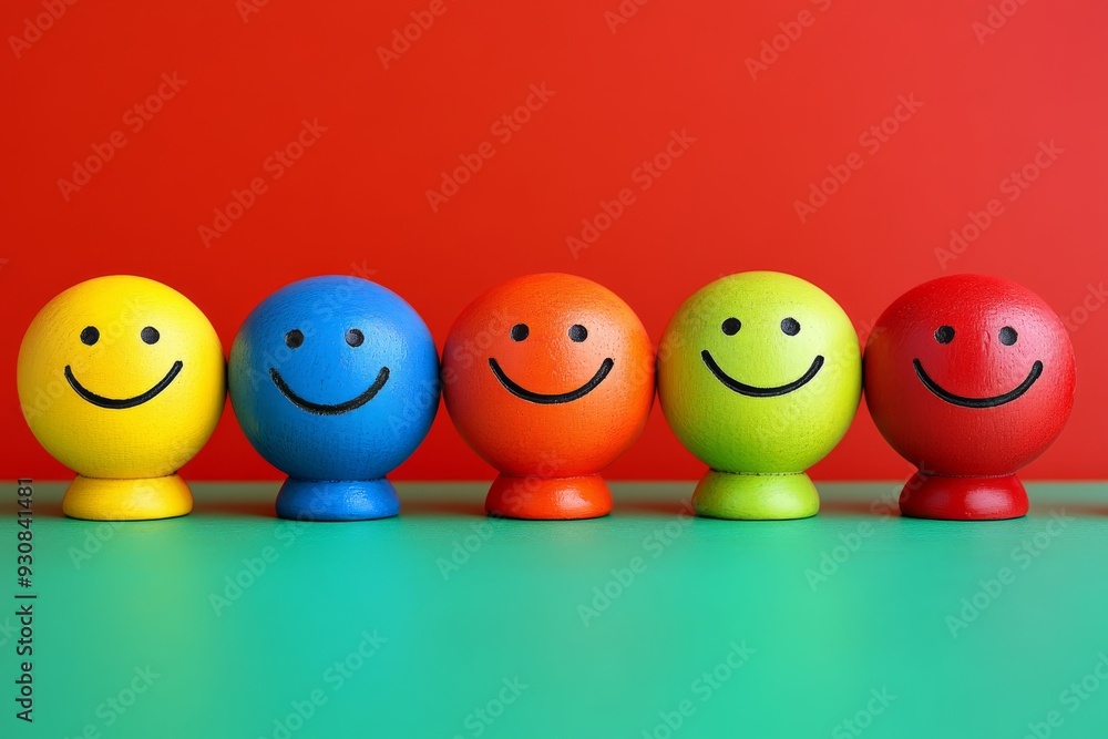 Poster Colorful Wooden Peg Dolls with Smiley Faces Arranged in a Row on a Red Background Representing Diversity Unity and Joy in a Creative and Playful Design
