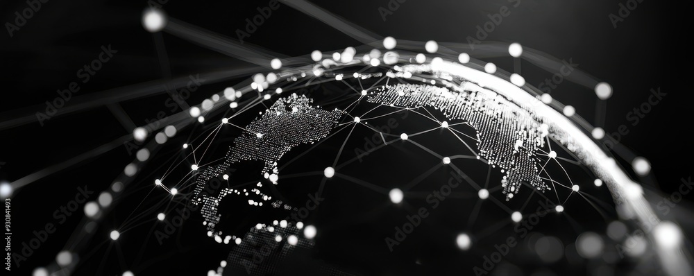 Poster a stylized globe with interconnected nodes, representing global communications and digital networks 