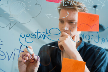 Professional caucasian businessman brainstorming marketing idea by using mind map and sticky notes on glass board at modern meeting room. Creative business and planing concept. Immaculate.
