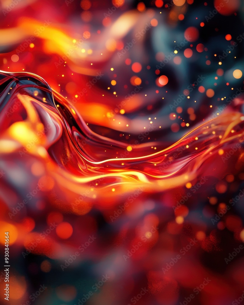Poster a vibrant abstract composition showcasing swirling red and orange hues with glowing bokeh elements, 