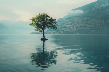 A solitary tree stands in calm waters, reflecting the serene landscape and mountains in the background.
