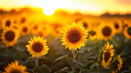 Obraz premium A vibrant sunflower field illuminated by a golden sunset, showcasing nature's beauty and warmth in full bloom.