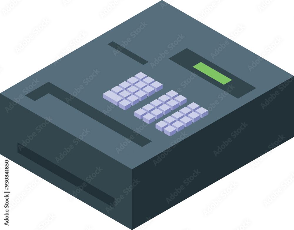 Poster isometric cash register with a green display showing the total amount