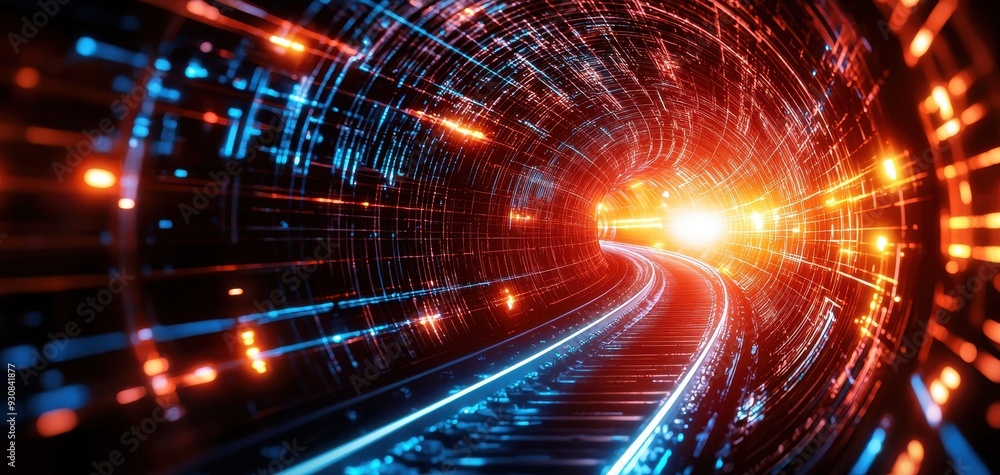 Poster a vivid depiction of a glowing tunnel with bright lights, creating a dynamic atmosphere and sense of