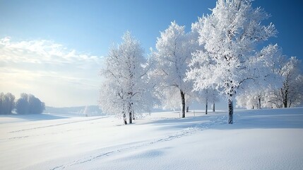 A serene winter landscape with snow-covered trees under a clear blue sky, evoking tranquility and natural beauty.