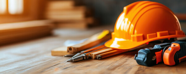 Fototapeta premium Yellow construction helmet and tools placed on a wooden surface, suggesting ongoing or upcoming construction work.