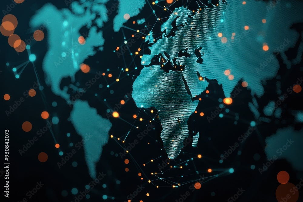 Poster abstract representation of a digital world map with glowing connections and vibrant dots, symbolizin