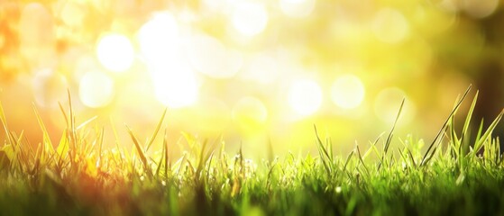 Fototapeta premium Beautiful blurred spring nature background with bokeh, green grass, and sun flare on a sunny day, ideal for a healthy lifestyle concept.