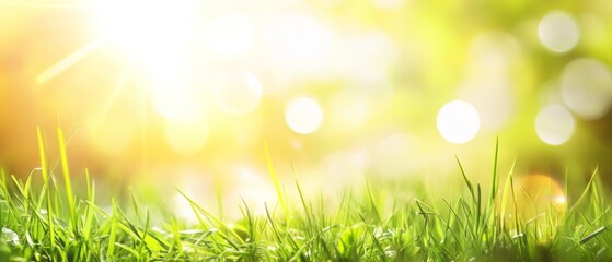 Obraz premium Beautiful blurred spring nature background with bokeh, green grass, and sun flare on a sunny day, ideal for a healthy lifestyle concept.