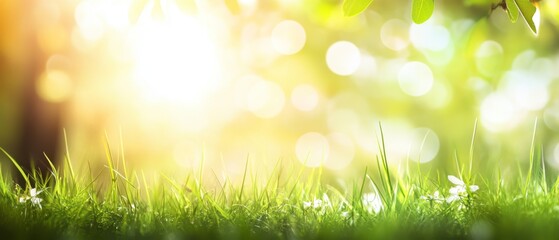 Obraz premium Beautiful blurred spring nature background with bokeh, green grass, and sun flare on a sunny day, ideal for a healthy lifestyle concept.