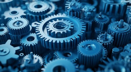 A closeup and detailed view of interlocked blue metal gears illustrates the concept of teamwork as well as the intricate and complex workings of machinery within an industrial environment