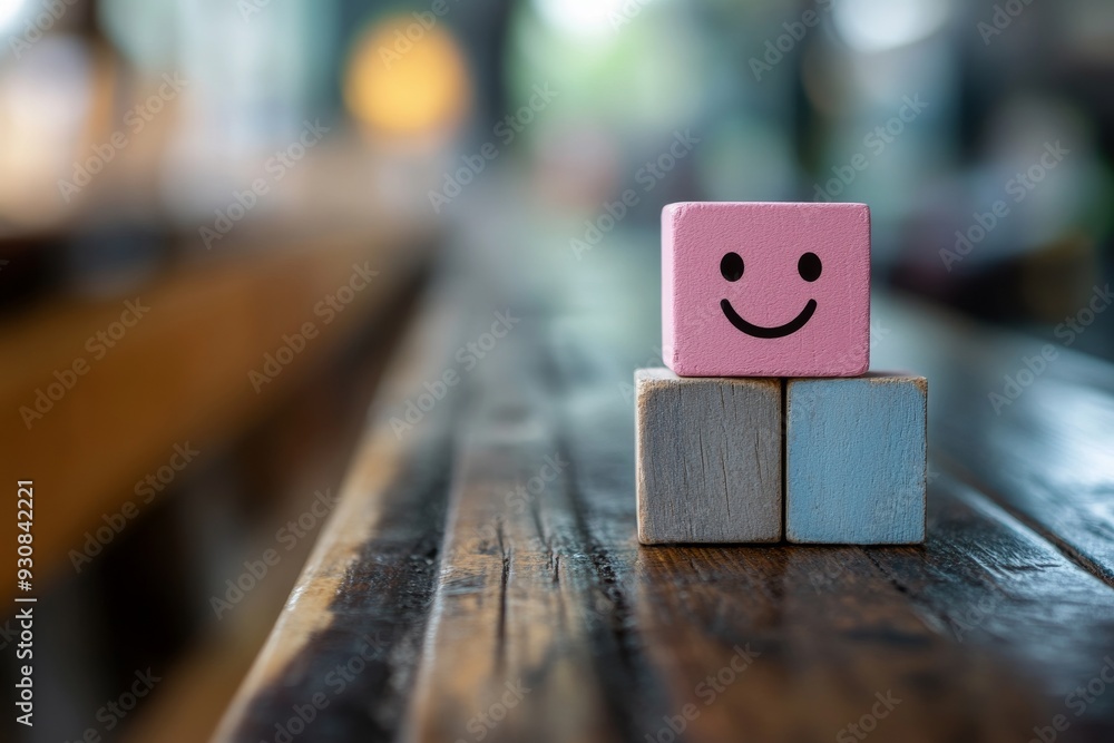 Aufkleber smiling wooden blocks arranged on a wooden surface symbolizing happiness playfulness and childhood i