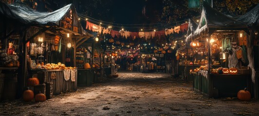 Obraz premium Halloween night market, with empty stalls that once sold spooky treats and costumes
