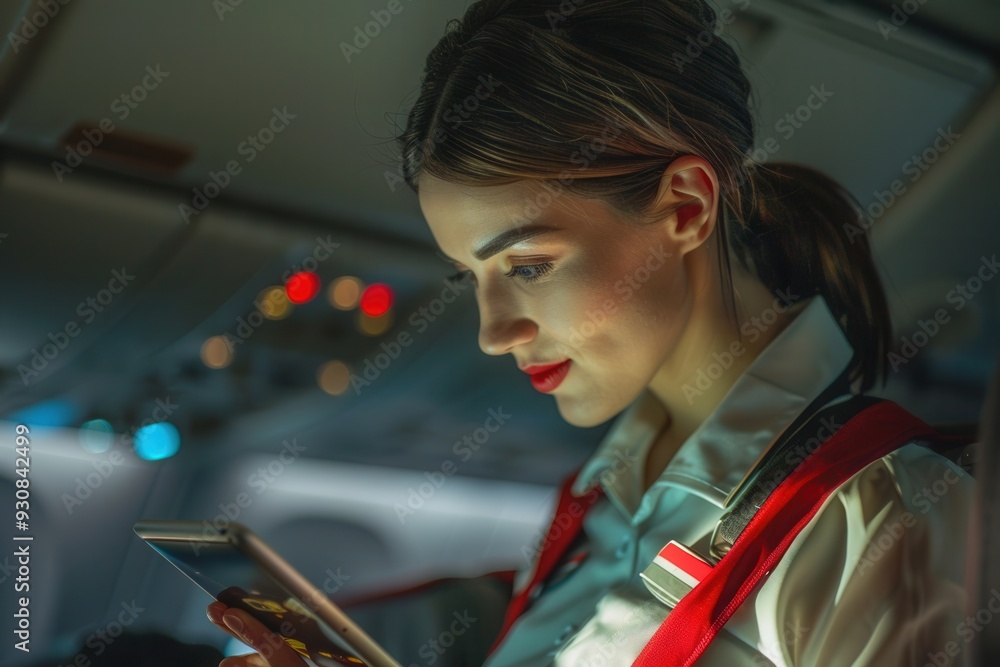 Aufkleber A flight attendant reviews details on her smartphone while attending to passengers during a flight. Generative AI