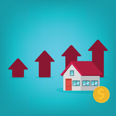 Arrows rise up above the house. The concept of growth in demand for real estate. Increase in the value of property, vector illustration	