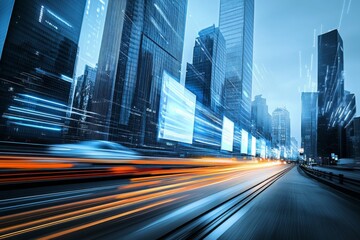 Futuristic Cityscape with Skyscrapers, Motion Blur from Cars, Digital Screens, and Soft Lighting Highlighting Architectural Innovation and Technological Advancement