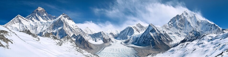Snow-covered mountain panorama with towering peaks, blue sky, and ice wall with rocks. Vast and detailed snowy landscape.