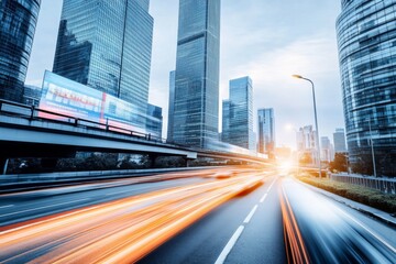 Futuristic Cityscape with Skyscrapers, Motion Blur from Cars, Digital Screens, and Soft Lighting Highlighting Architectural Innovation and Technological Advancement