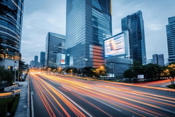 Fototapeta premium Futuristic Cityscape with Skyscrapers, Motion Blur from Cars, Digital Screens, and Soft Lighting Highlighting Architectural Innovation and Technological Advancement