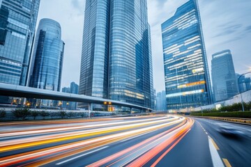 Futuristic Cityscape with Skyscrapers, Motion Blur from Cars, Digital Screens, and Soft Lighting Highlighting Architectural Innovation and Technological Advancement