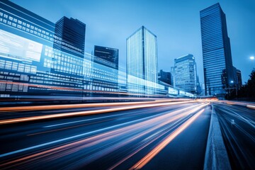 Futuristic Cityscape with Skyscrapers, Motion Blur from Cars, Digital Screens, and Soft Lighting Highlighting Architectural Innovation and Technological Advancement