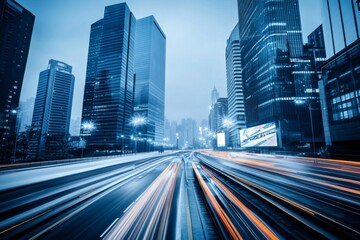 Fototapeta premium Futuristic Cityscape with Skyscrapers, Motion Blur from Cars, Digital Screens, and Soft Lighting Highlighting Architectural Innovation and Technological Advancement