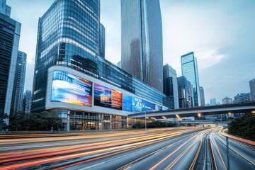 Obraz premium Futuristic Cityscape with Skyscrapers, Motion Blur from Cars, Digital Screens, and Soft Lighting Highlighting Architectural Innovation and Technological Advancement