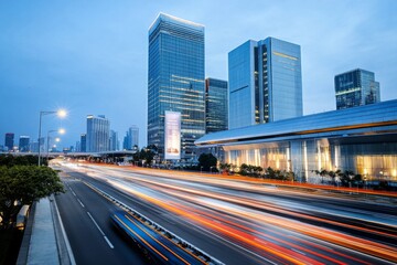 Fototapeta premium Futuristic Cityscape with Skyscrapers, Motion Blur from Cars, Digital Screens, and Soft Lighting Highlighting Architectural Innovation and Technological Advancement